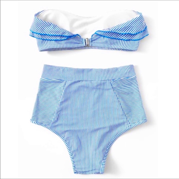 HIGH WAIST BLUE AND WHITE RUFFLE TOP FULLY LINED BIKINI SET - Picture 4 of 4